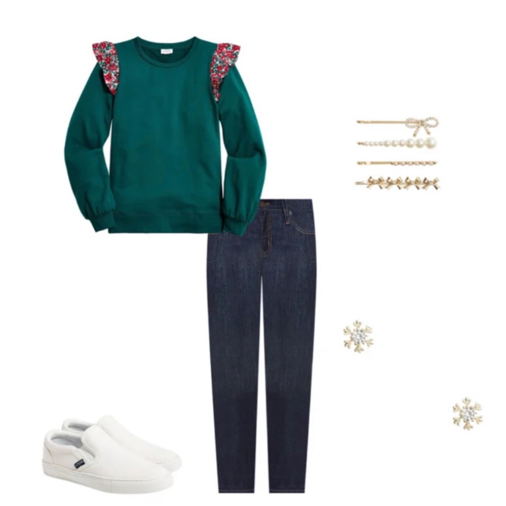 J. Crew | NWT ✨ Floral Academic Green Ruffle Shoulder Sweatshirt - Picture 6 of 8